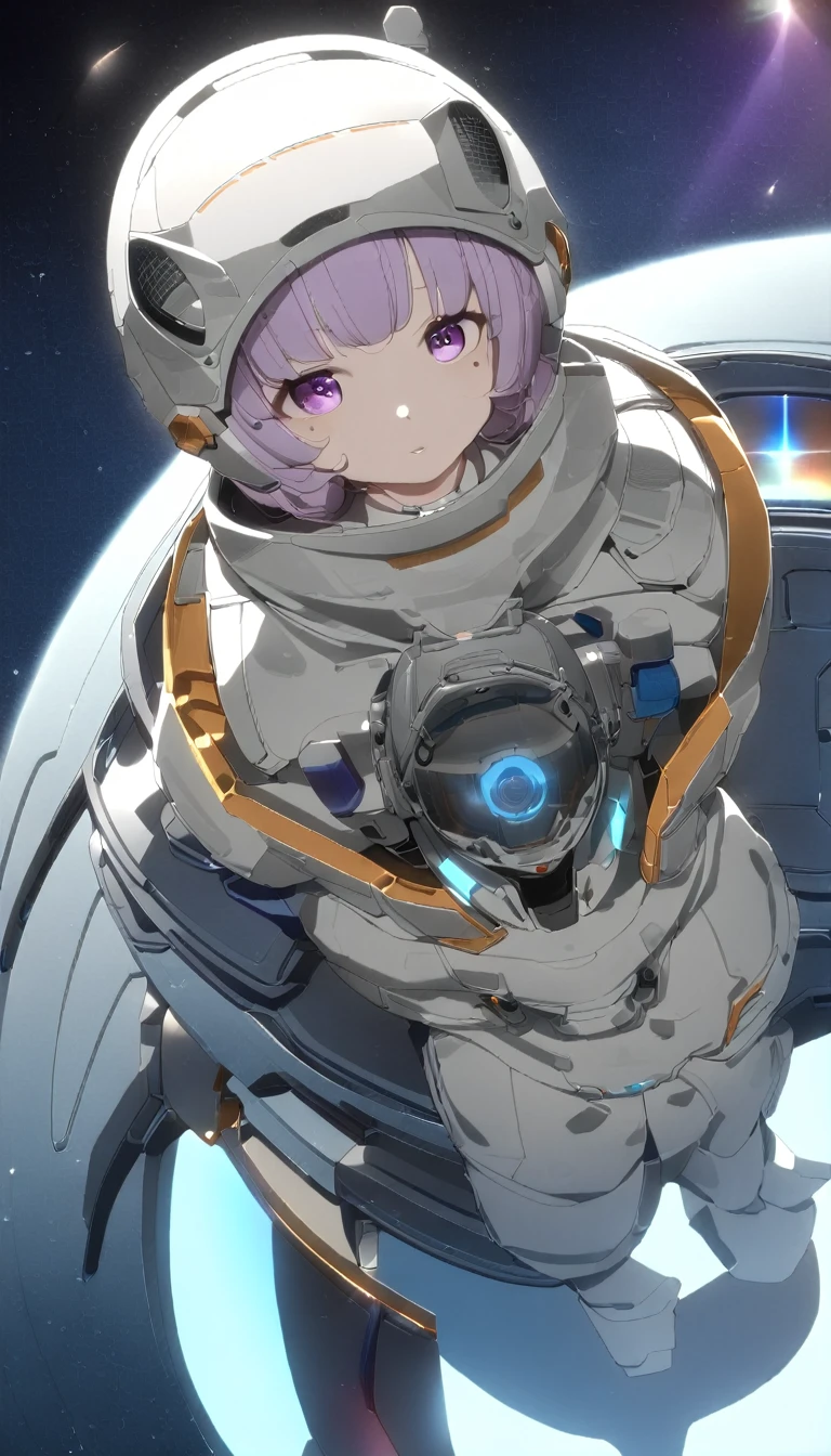 Pre-Girl, Floating in space, Wearing a space suit, Science, Huge space city, The lighting is gorgeous, The helmet has a light, Bring a jetpack, Mole under the eye, Purple eyes, Long eyelashes, Decided, Contemplative, Anatomically correct, masterpiece, Highest quality,(anime, 8K, masterpiece, Highest quality, Highest quality, beautifully、aesthetic, Professional Illustration, Very detailed, Perfect lighting, Perfect Shading, Perfect sharpness),Face is reflected
