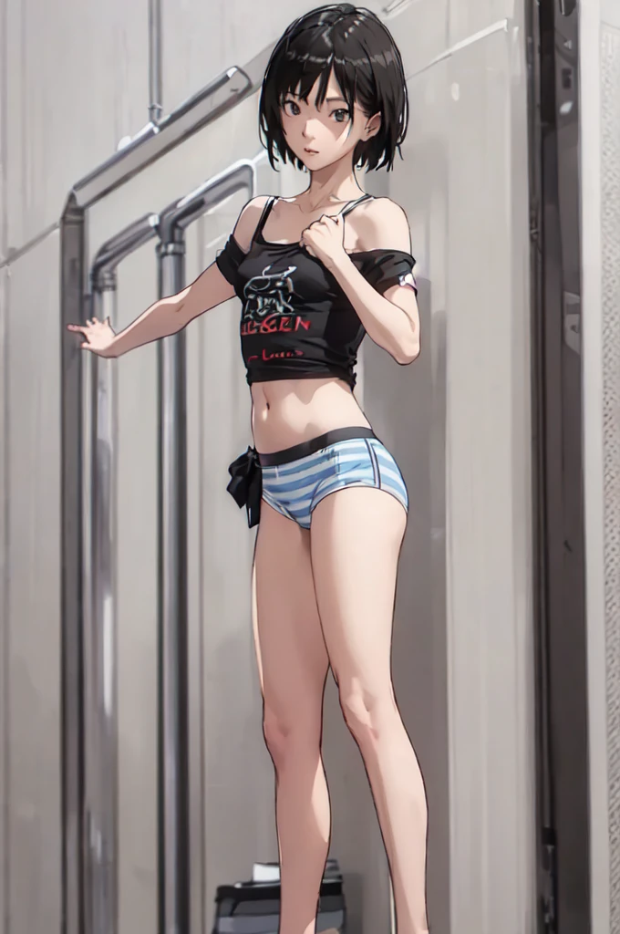 ((masterpiece, best quality)),((highres:1.2)), 1 Girl, solo, Cowboy Shot, Blurred Background, (((Small breasts))), Thighs, (Stripe underwear), ((sexy One Shoulder T-Shirts)), (((Fantastic Pose:1.2))), Off the shoulder,