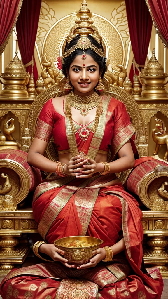 Depicts Lakshmi, the Hindu goddess of fertility and love. She is seated on a lotus flower and wears a red sari with golden ornaments. In her hand is a pot of gold coins, which symbolizes abundance. In the background are the grand palaces and gardens of India, with elephants surrounding her. Lakshmi's smile is warm as if promising peace and prosperity in the home.