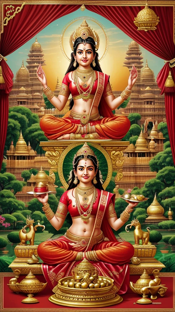 Depicts Lakshmi, the Hindu goddess of fertility and love. She is seated on a lotus flower and wears a red sari with golden ornaments. In her hand is a pot of gold coins, which symbolizes abundance. In the background are the grand palaces and gardens of India, with elephants surrounding her. Lakshmi's smile is warm as if promising peace and prosperity in the home.