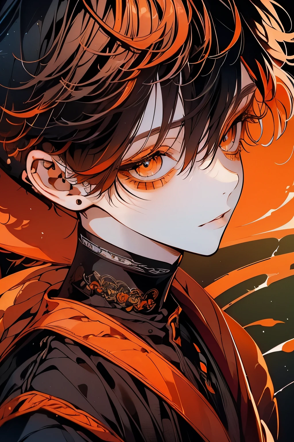 (Mastepiece), (Best Quality), Very detailed, 1 boy, Solo Shooting, Perfect Face, Beautiful Face, Very detailedな顔,(Orange Hair:1.3),(short hair:1.4)、(Big eyes:1.4),(Long eyelashes:1.4)、(Orange Eyes:1.3)、Black clothes、Lots of flowers、petal、(smile:1.4)