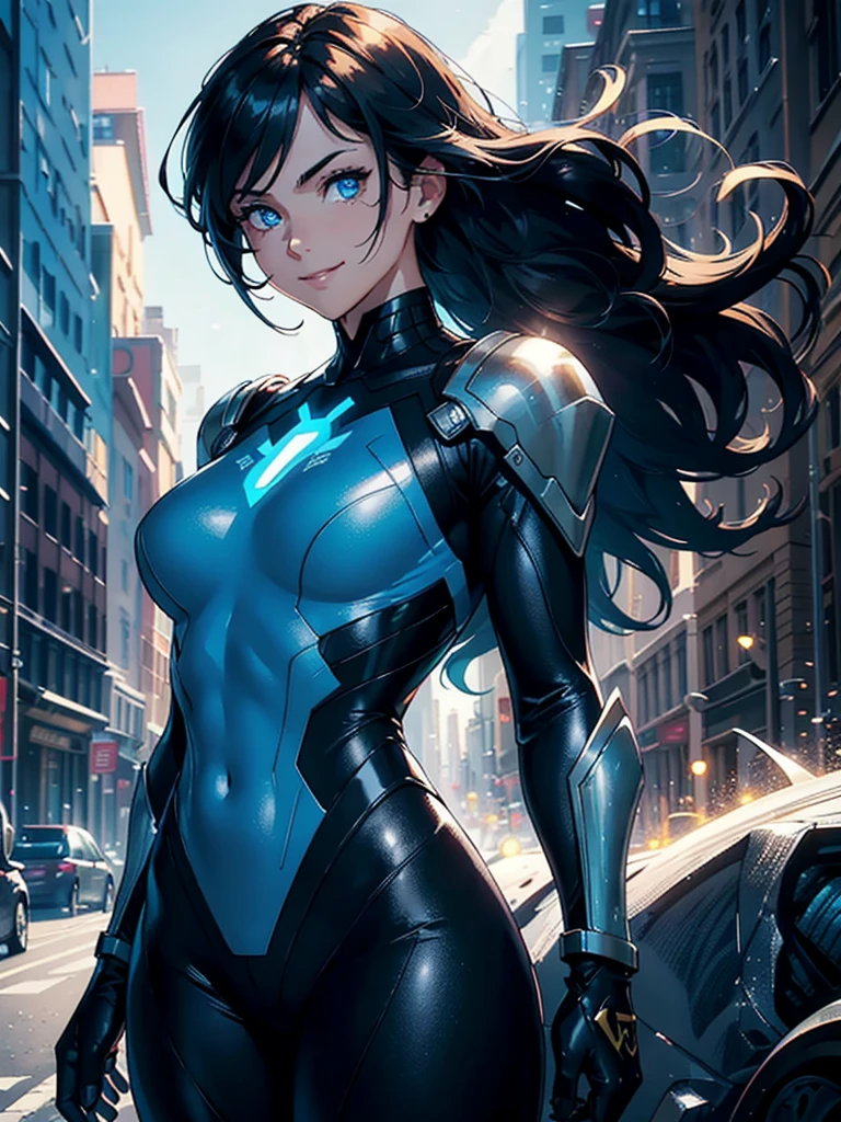 16K, HDR,UHD, RTX, ray tracing, chiaroscuro, best quality, masterpiece, ethereal, perfect illustration, digital artwork, trending on artstation, jaw-dropping perfection, ultra realistic, textured amazing lighting effects, perfect shadows, WLOP, 1girl, beautiful mature edgy woman in a cool long jacket and black pants, superhero suit, stomach covered by clothing, shoulder-length hair, shoulder-length hair, wavy hair, black hair, highly detailed glowing blue eyes, glowing eyes, blue eyes, beautiful glowy blue eyes, detailed eyes, beautiful face, perfect anatomy, broad shoulders, strong upper-body, modern city, city, beautiful weather, stunning sunshine, sunny, daylight, sunlight, modern, nature, daytime, superhero, uplifting, heroic, heroic pose, smiling, smiling at camera, athletic, hands near hips, glowy eyes, daytime, black and blue superhero suit, metal shoulder-pads, summertime, radiant sunlight, beautiful cityscape, hair blowing in wind, manly shoulders, big smile, wide smile, happy eyes, joyful, smiling with teeth, very tall, wide shoulders, tall