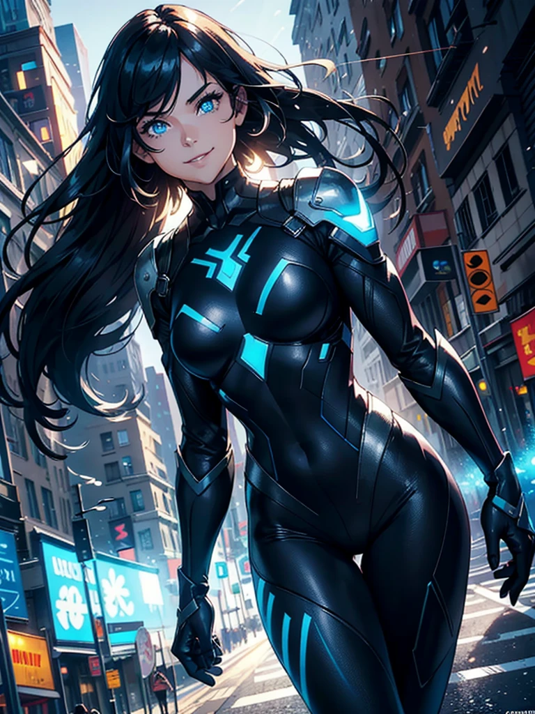 16K, HDR,UHD, RTX, ray tracing, chiaroscuro, best quality, masterpiece, ethereal, perfect illustration, digital artwork, trending on artstation, jaw-dropping perfection, ultra realistic, textured amazing lighting effects, perfect shadows, WLOP, 1girl, beautiful mature edgy woman in a cool long jacket and black pants, superhero suit, stomach covered by clothing, shoulder-length hair, shoulder-length hair, wavy hair, black hair, highly detailed glowing blue eyes, glowing eyes, blue eyes, beautiful glowy blue eyes, detailed eyes, beautiful face, perfect anatomy, broad shoulders, strong upper-body, modern city, city, beautiful weather, stunning sunshine, sunny, daylight, sunlight, modern, nature, daytime, superhero, uplifting, heroic, heroic pose, smiling, smiling at camera, athletic, hands near hips, glowy eyes, daytime, black and blue superhero suit, metal shoulder-pads, summertime, radiant sunlight, beautiful cityscape, hair blowing in wind, manly shoulders, big smile, wide smile, happy eyes, joyful, smiling with teeth, very tall, wide shoulders, tall