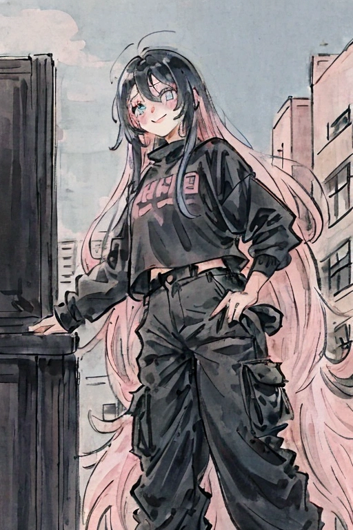A boy with black hair, eyes black, black sweatshirt, black cargo pants, embarrassed pink,a taller woman in light blue , light pink hair, blue colored eyes,she is smiling and ruffling his hair, school environment
