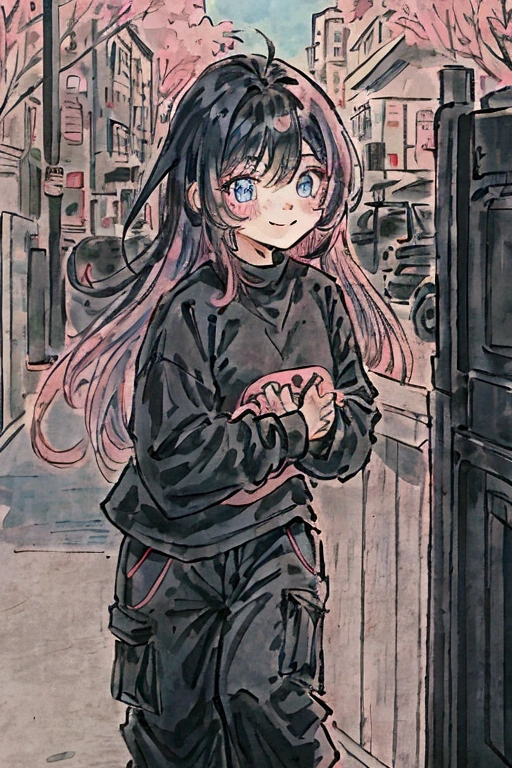 A boy with black hair, eyes black, black sweatshirt, black cargo pants, embarrassed pink,a taller woman in light blue , light pink hair, blue colored eyes,she is smiling and ruffling his hair, school environment