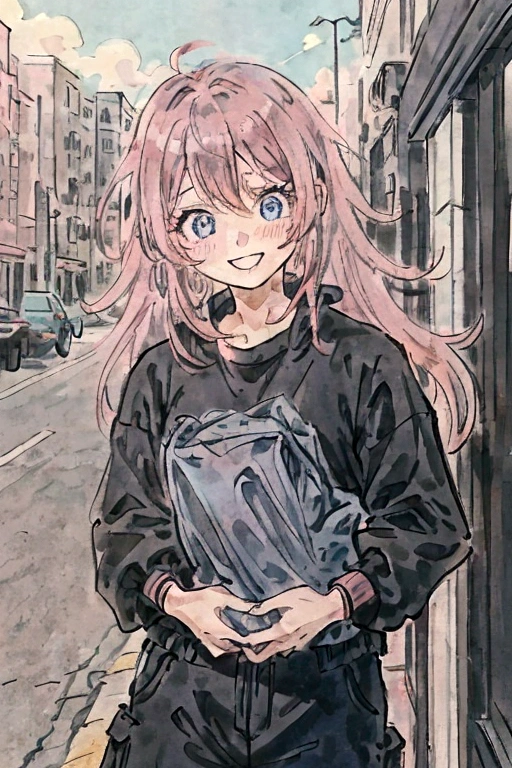 A boy with black hair, eyes black, black sweatshirt, black cargo pants, embarrassed pink,a taller woman in light blue , light pink hair, blue colored eyes,she is smiling and ruffling his hair, school environment
