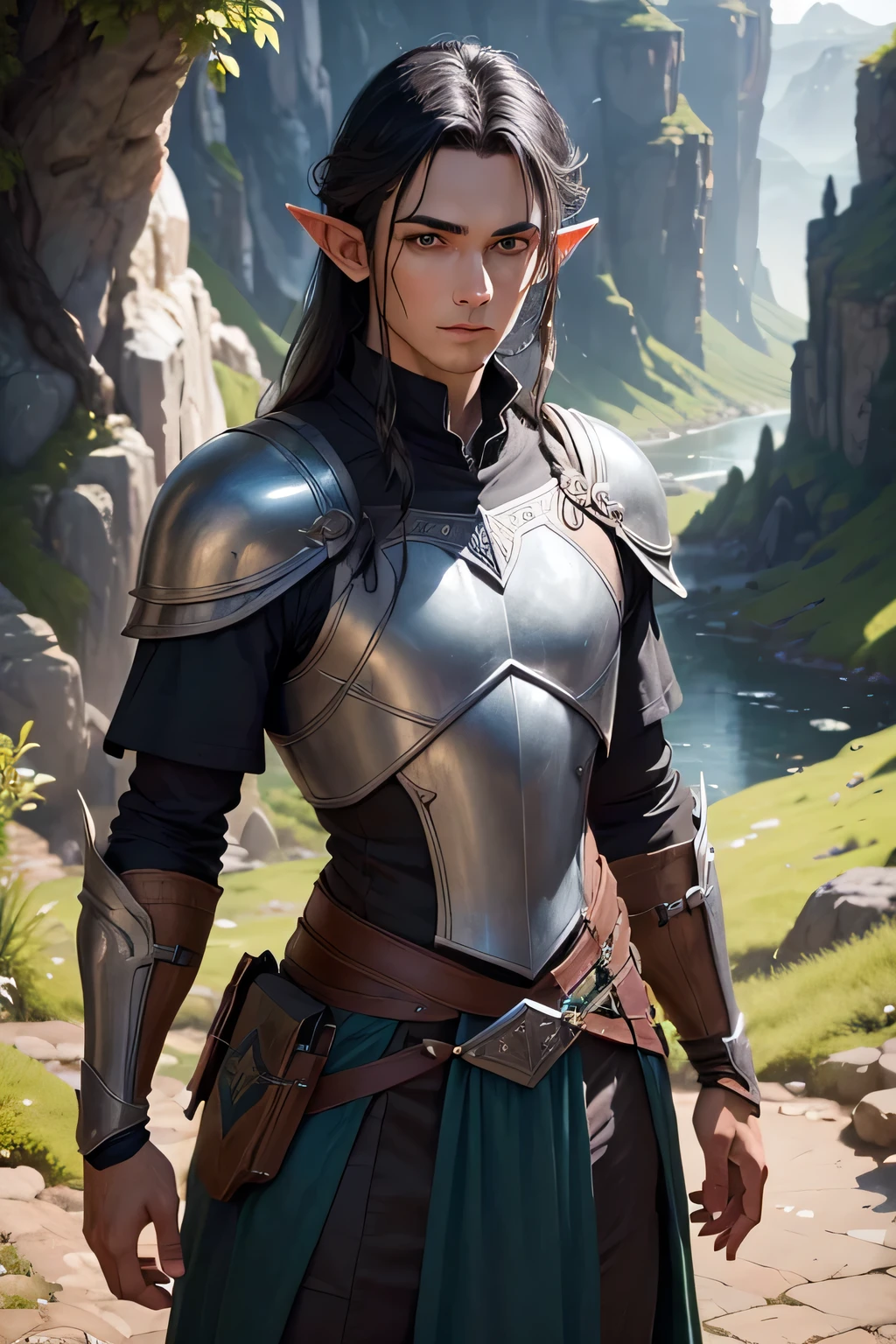 ((best qualityer)), ((work of art)), (detailded), 4K, hight contrast, work of art, 1 male elf ranger , light black hair ,blue elven armor, olhos detaildeds ,in the background magnificent valley ,similar to the works of JRR Tolkien, clear lighting, detailed shadows