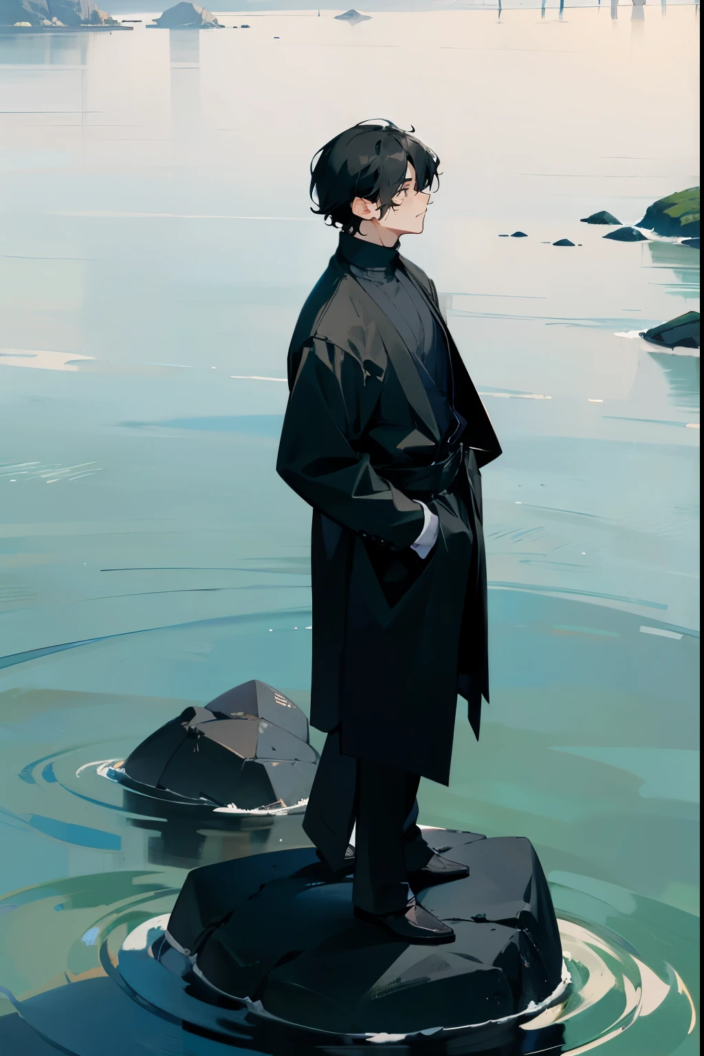 1male , Black Hair ,Black Button up turtleneck , Grey and Green Haori worn over , White Eyes , Muscular , Perfect Generation , Adult Male , Standing on Stones in the water