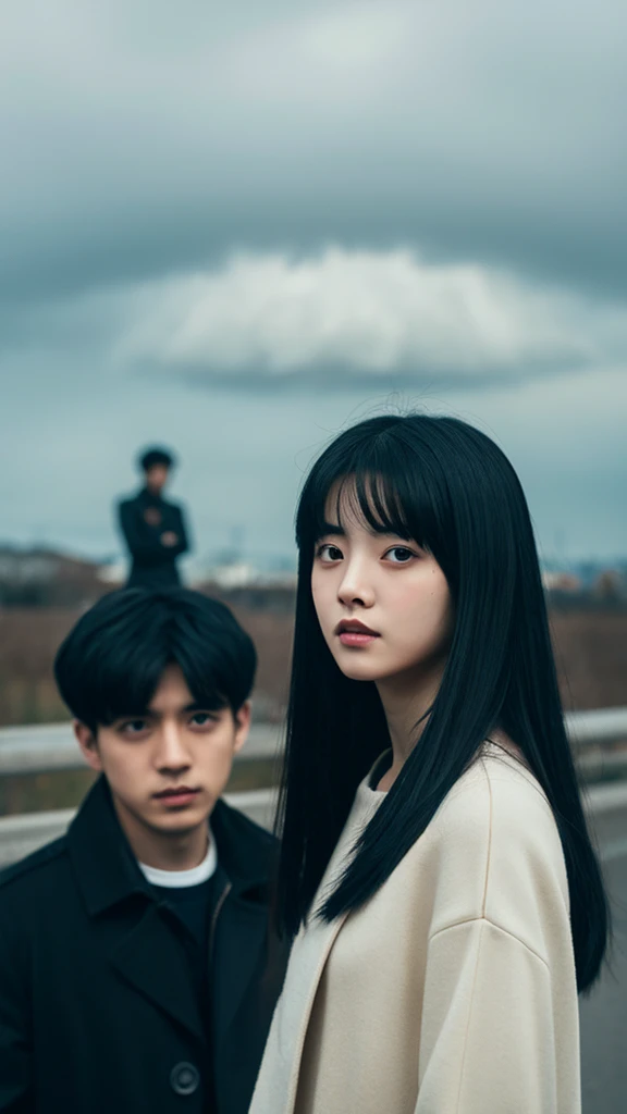 Black-haired girl with a man behind her, and the atmosphere is sinister