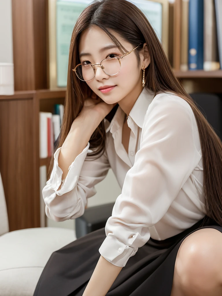 Bae joo Hyun is a young Korean woman in her 27s. Her hair is long in a dark color.
Her face is oval and marked by her large brown eyes, which carry a cold, unexpressive face. Her skin is radiant and clear, presenting an impeccable state of health and her curved lips.
Her height is medium, her body athletic and defined, with the most charming and provocative. It contrasts and matches their personalities.
She is in her office at the company in the night, wearing a pair of glasses with white shirt with loose tie while undoing her sitting