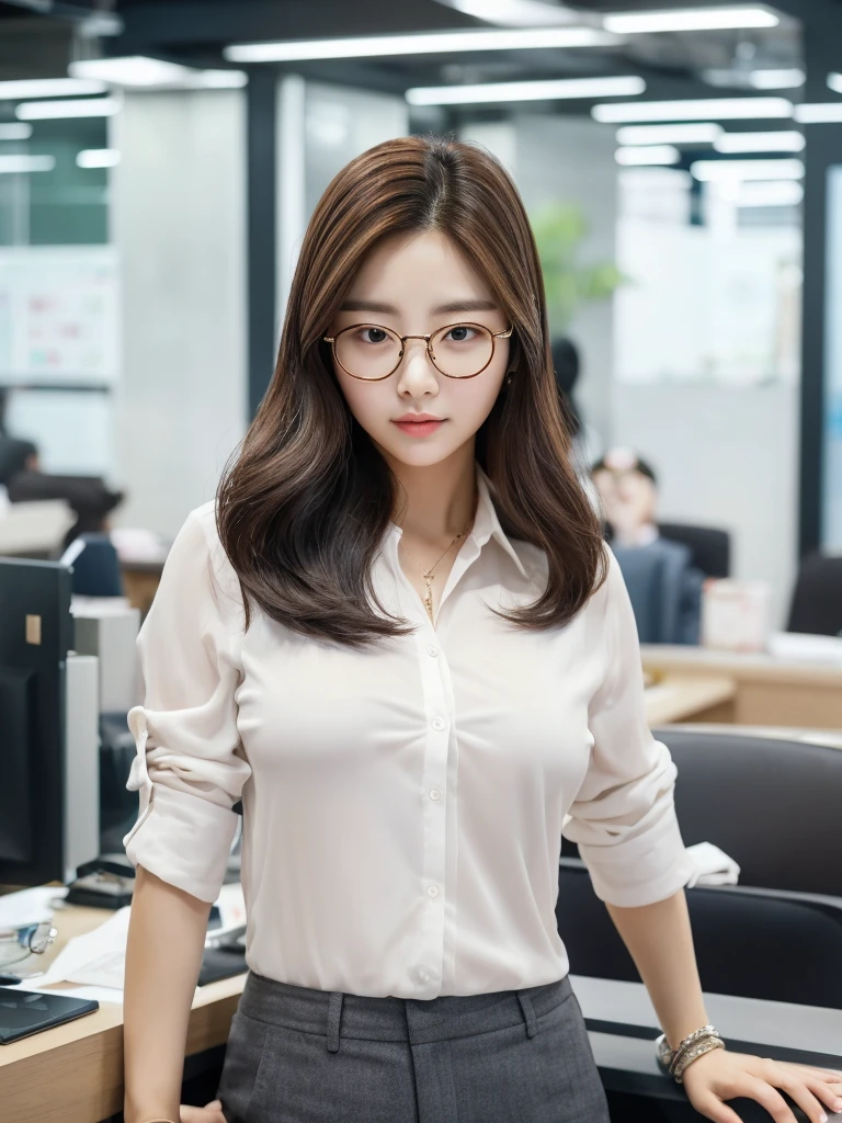 Bae joo Hyun is a young Korean woman in her 27s. Her hair is long in a dark color. 
Her face is oval and marked by her large brown eyes, which carry a cold, unexpressive face. Her skin is radiant and clear, presenting an impeccable state of health and her curved lips. 
Her height is medium, her body athletic and defined, with the most charming and provocative. It contrasts and matches their personalities. 
She is in her office at the company in the night, wearing a pair of glasses with white shirt with loose tie while undoing her sitting