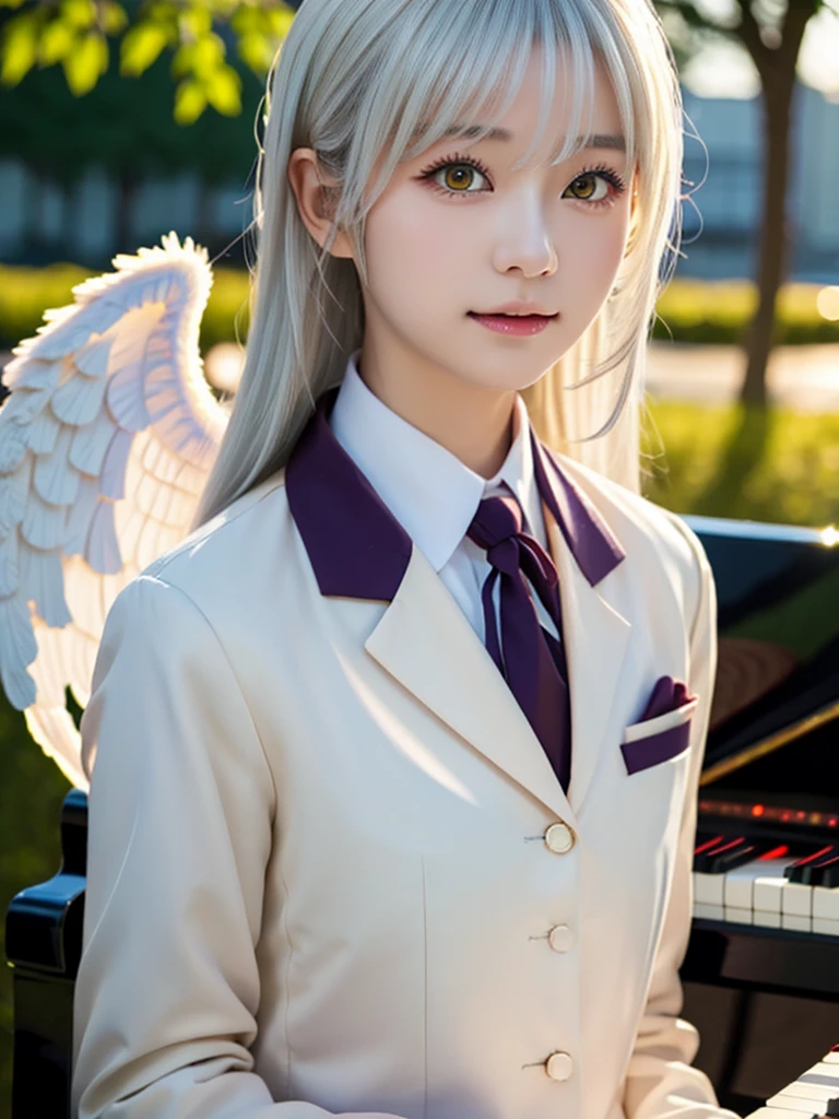 (Highest quality、4K、8K, masterpiece:1.3), Ultra detailed face, Detailed lips, Detailed eyes, double eyelid, BREAK, 
(extreme close up:1.5), 
BREAK,
1girl, 18 years old, short height, tachibana kanade, (yellow eyes), (white hair, long hair), bangs, hair pulled back, short height, 
BREAK, 
looking at viewer, ((playing piano)), photo background, photo inset, dusk, outdoors, spring, wind, falling petals, sunlight, skyline, 
BREAK,
schooluniform, jacket, blazer, long sleeves, neck ribbon, gem, necklace, pleated skirt, kneehighs, loafers, (((Big angel wings on your back)),
