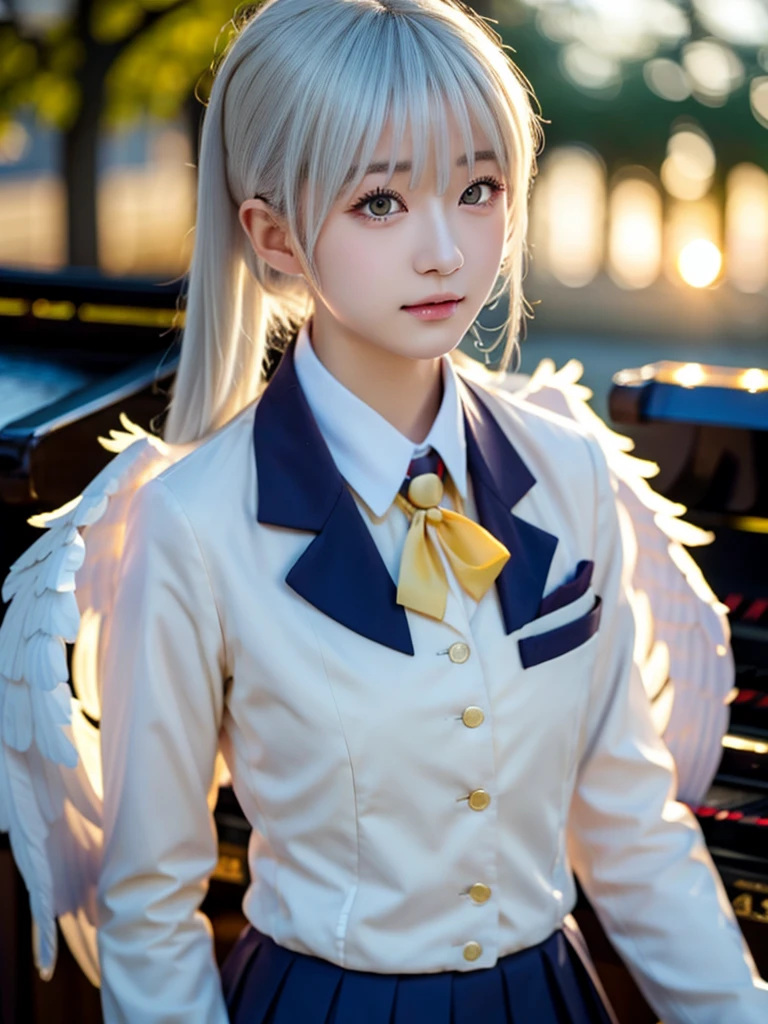 (Highest quality、4K、8K, masterpiece:1.3), Ultra detailed face, Detailed lips, Detailed eyes, double eyelid, BREAK, 
(extreme close up:1.5), 
BREAK,
1girl, 18 years old, short height, tachibana kanade, (yellow eyes), (white hair, long hair), bangs, hair pulled back, short height, 
BREAK, 
looking at viewer, ((playing piano)), photo background, photo inset, dusk, outdoors, spring, wind, falling petals, sunlight, skyline, 
BREAK,
schooluniform, jacket, blazer, long sleeves, neck ribbon, gem, necklace, pleated skirt, kneehighs, loafers, (((Big angel wings on your back)),
