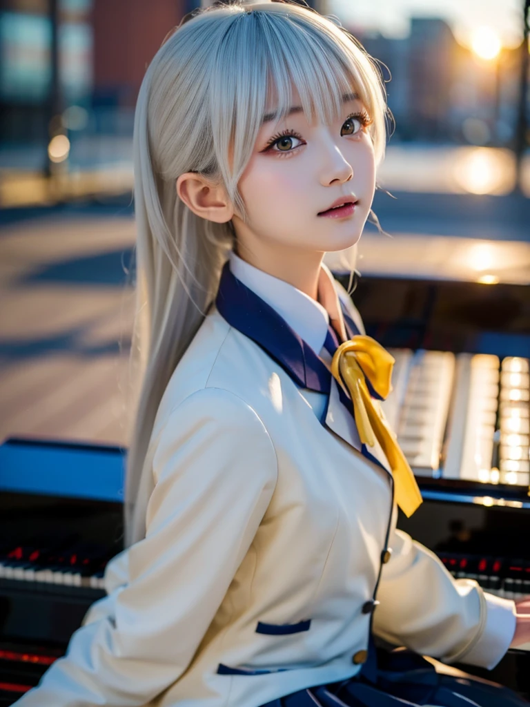 (Highest quality、4K、8K, masterpiece:1.3), Ultra detailed face, Detailed lips, Detailed eyes, double eyelid, BREAK, 
(extreme close up:1.5), 
BREAK,
1girl, 18 years old, short height, tachibana kanade, (yellow eyes), (white hair, long hair), bangs, hair pulled back, short height, 
BREAK, 
looking at viewer, ((playing piano)), photo background, photo inset, dusk, outdoors, spring, wind, falling petals, sunlight, skyline, 
BREAK,
schooluniform, jacket, blazer, long sleeves, neck ribbon, gem, necklace, pleated skirt, kneehighs, loafers, (((Big angel wings on your back)),
