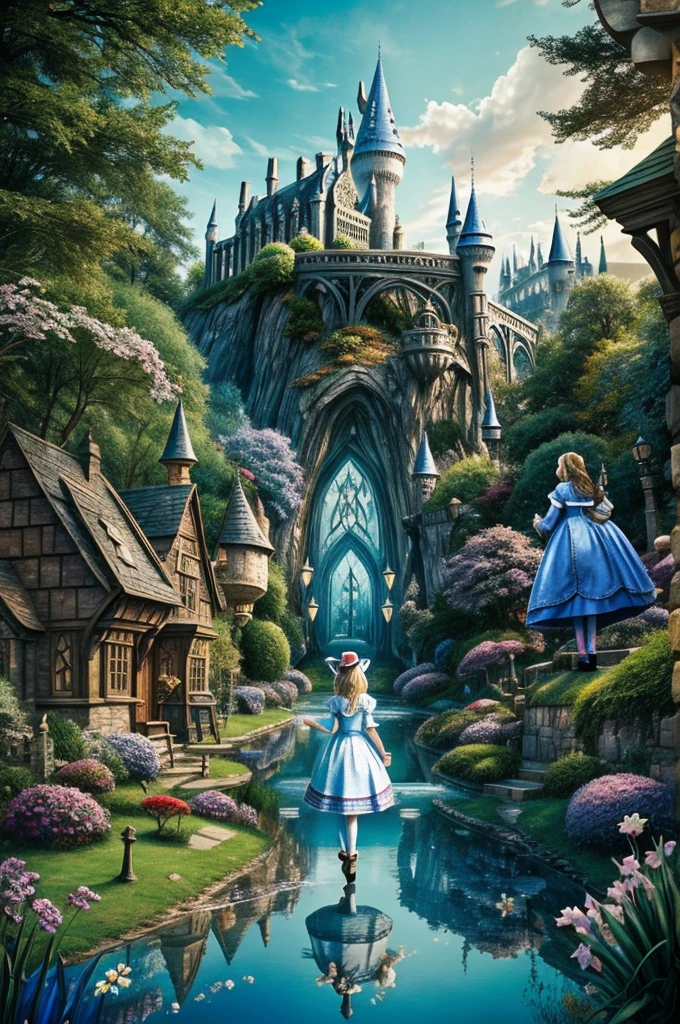 Alice in wonderland combined with Harry Potter universe in artsy thinking style 