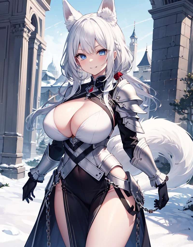 [[[ ultra-detailed, best quality, soft skin, beautiful, 4K]]] white hair, blue eyes, tied-up hair, slender body, dynamic angle, chainmail, white armor, white fox ears, calm expression, female, snowy palace gardens background, serious expression. walking angle, ((little horny smile)) big huge Melonen massive largest bigger biggest breasts 