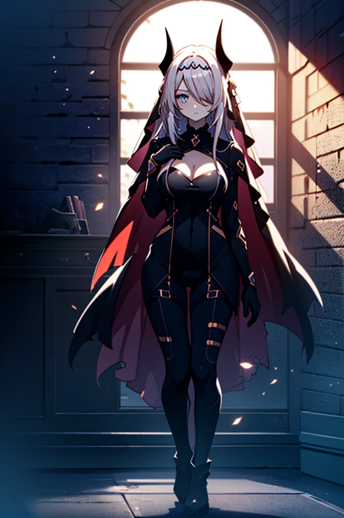 (full body),masterpiece,Highest quality, Beautiful and exquisite body,Horn, tiara, Veil,(A body-hugging enamel bodysuit,Rubber Suit, Black bodysuit, Scapula, Long sleeve, cutout, Black gloves, Black overskirt, Black trousers),Show me your boots,leotard,elegant, 1 Girl, cute, Blushed, Looking at the audience, Beautiful Eyes, Beautiful background, Particles of light, Light of the sun, Dramatic lighting, outside, Shiny, Realistic, Highest quality, Very detailed, Get used to it, scenery, Beautiful and exquisite, Thin Hair,Full Body Shot,