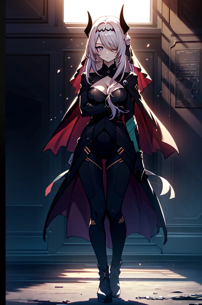 (full body),masterpiece，Highest quality, Beautiful and exquisite body,Horn, tiara, Veil,(A body-hugging enamel bodysuit，Rubber Suit， Black bodysuit, Scapula, Long sleeve, Cleavage cutout, Black gloves, Black overskirt, Black trousers)，Show me your boots，leotard，elegant, 1 Girl, cute, Blushed, Looking at the audience,  Beautiful Eyes, Beautiful background, Particles of light, Light of the sun, Dramatic lighting, outside, Shiny, Realistic,  Highest quality, Very detailed, Get used to it, scenery, Beautiful and exquisite, Thin Hair，Full Body Shot，