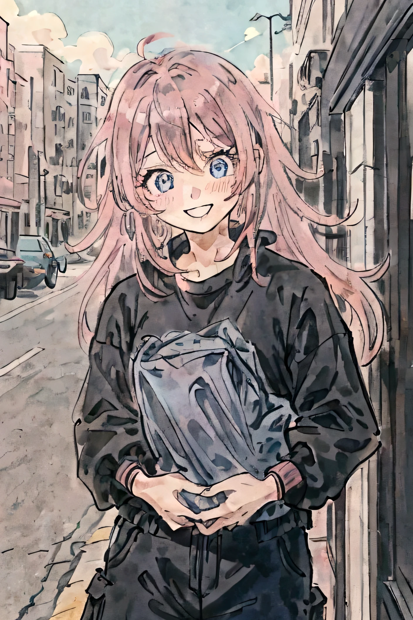 A boy with black hair, eyes black, black sweatshirt, black cargo pants, embarrassed pink,a taller woman in light blue , light pink hair, blue colored eyes,she is smiling and ruffling his hair, school environment 
