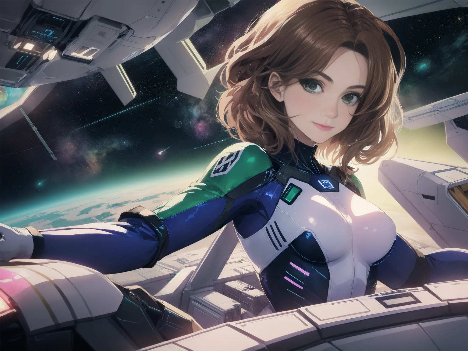 (aesthetic, best quality, masterpiece), 1girl, female focus, solo, large breasts, closed mouth, small smile, green eyes, auburn hair, zerosuit, tight space suit, pink and white color scheme, spaceship, space, futuristic, datapad, full body, cockpit, watercolor illustration