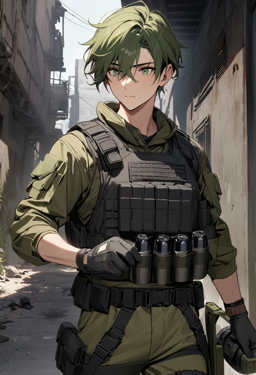 1 man, 25-year old, stands calmly, wearing green camouflage combat suit, (black bulletproof vest: 1.3), black half-gloves, (grenade belt: 1.3), (holding grenade:1.5), stunning, tall, bright hair, short haircut, (full length:1.2), call of duty modern warfare 