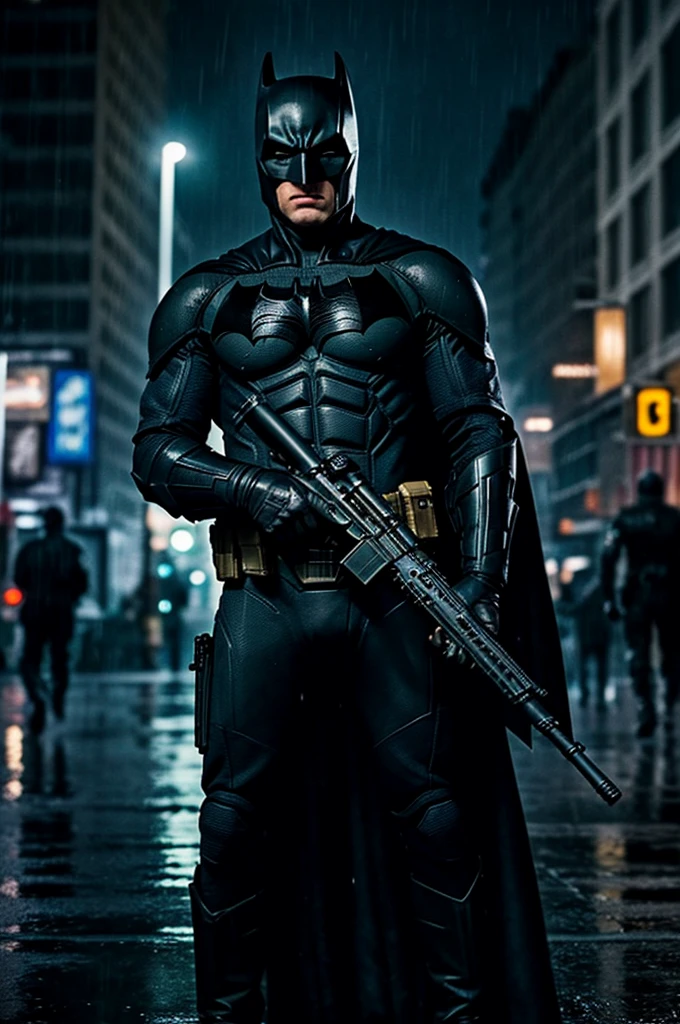 A sci fi version of Batman with tactical gear, holding a tactical rifle. Rainy night in the city. ((Photorealistic)), ((cinematic lighting)), ((masterpiece))