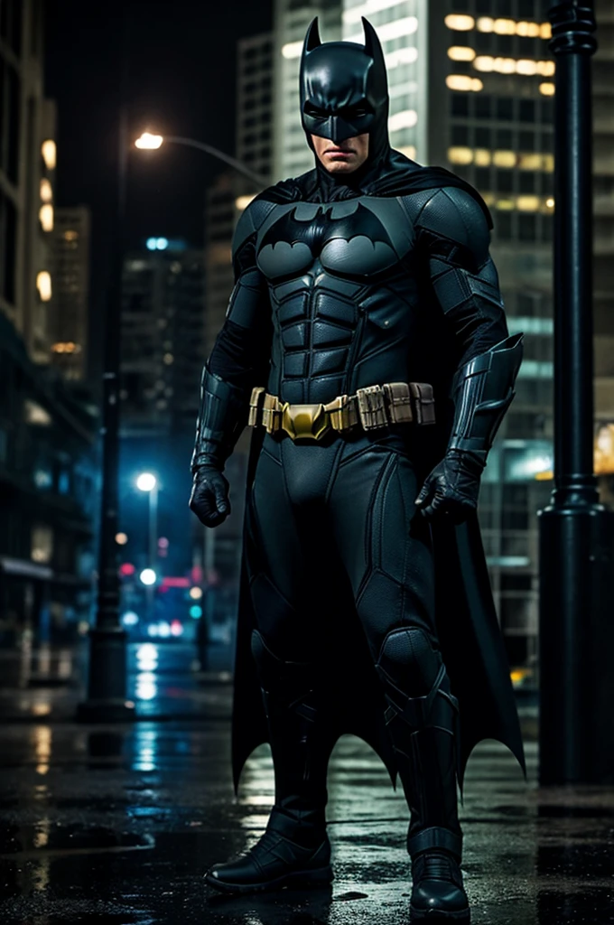 A sci fi version of Batman with tactical gear, holding a tactical rifle. Rainy night in the city. ((Photorealistic)), ((cinematic lighting)), ((masterpiece))