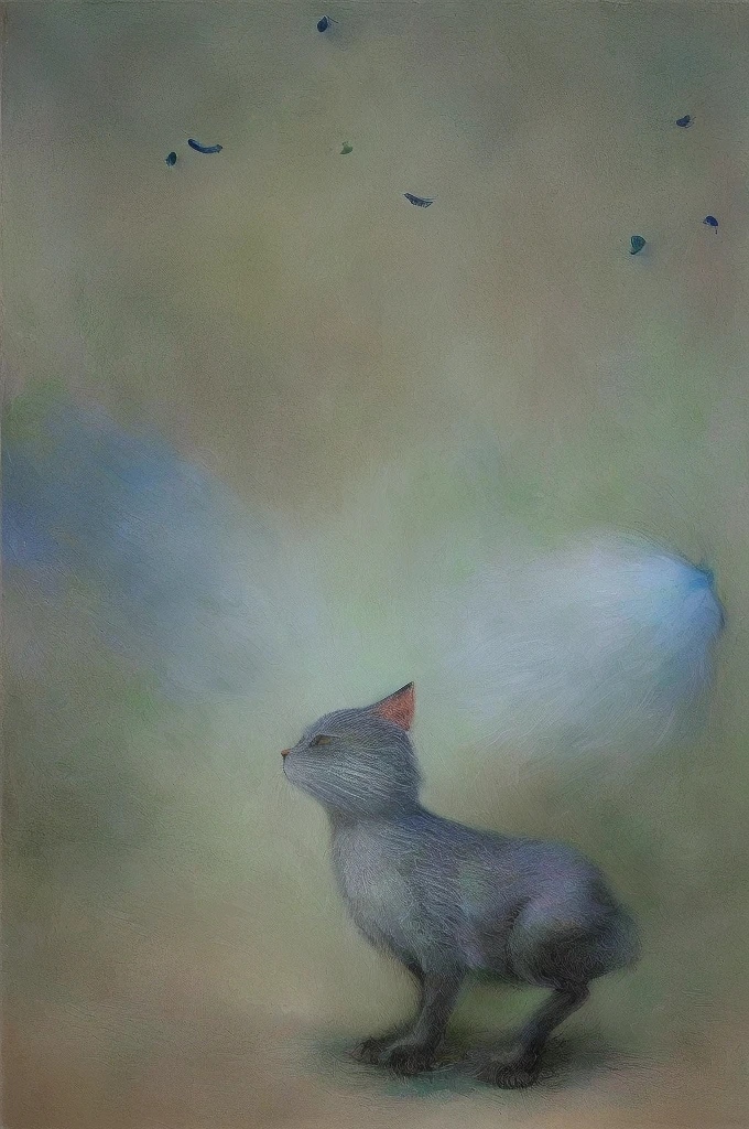 a cute cat in the middle of blue feather, in the style of aron wiesenfeld, abstract cats, miwa komatsu, optical illusion paintings, toby fox, mori kei, color field paintings, characterful animal portraits