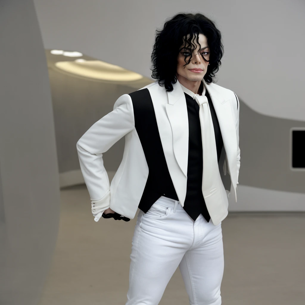 Michael Jackson in white skin with plastic surgery in a black suit and a military blazer style jacket with shoulder pads and black jeans pants. He also wears a white glove on his right hand.,with full body speaking in an interview