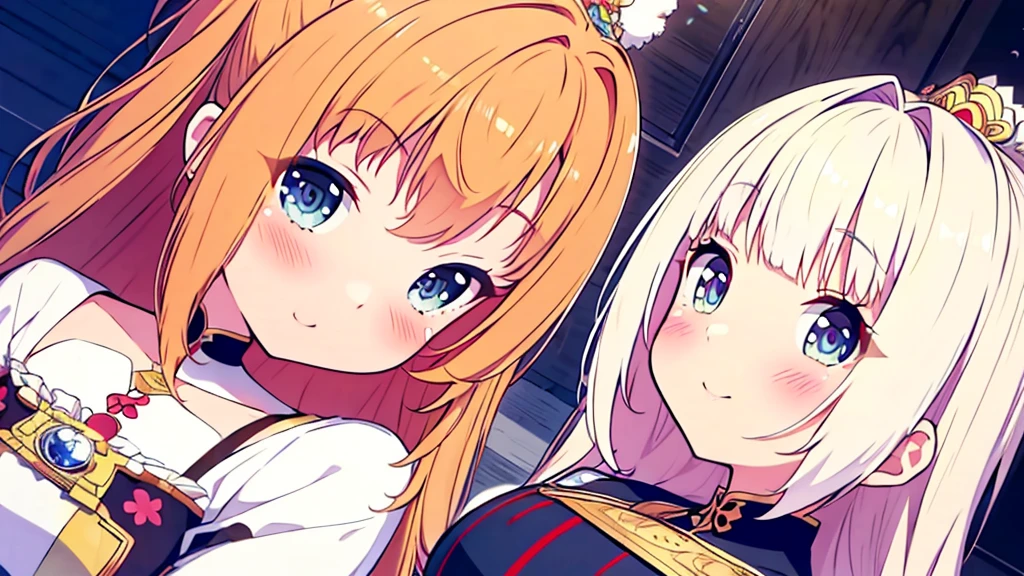 Masterpiece, Best Quality, ultra detailed,(change),anime sel, ,anime moe art style,cartoon style illustration, (pretty eyes), ((beautiful)), beautiful, (beautiful),, , ,,, (change), (Beautiful and very detailed face and eyes:1.2), shiny skin, ,ultra high resolution, absurdities,, Official Art,
(((2 girls))),Two goddesses sitting back to back.,whole body,mini skirt,A magnificent palace,SMILE
