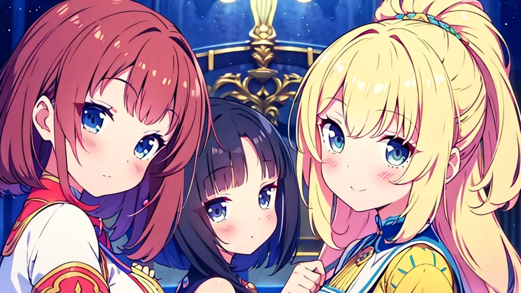 Masterpiece, Best Quality, ultra detailed,(change),anime sel, ,anime moe art style,cartoon style illustration, (pretty eyes), ((beautiful)), beautiful, (beautiful),, , ,,, (change), (Beautiful and very detailed face and eyes:1.2), shiny skin, ,ultra high resolution, absurdities,, Official Art,
(((2 girls))),Two goddesses sitting back to back.,whole body,mini skirt,A magnificent palace,SMILE