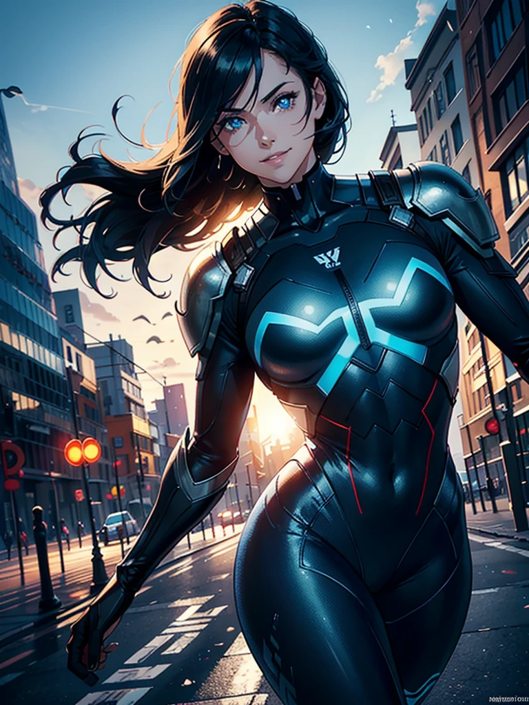16K, HDR,UHD, RTX, ray tracing, chiaroscuro, best quality, masterpiece, ethereal, perfect illustration, digital artwork, trending on artstation, jaw-dropping perfection, ultra realistic, textured amazing lighting effects, perfect shadows, WLOP, 1girl, beautiful mature edgy woman in a cool long jacket and black pants, superhero suit, stomach covered by clothing, shoulder-length hair, shoulder-length hair, wavy hair, black hair, highly detailed glowing blue eyes, glowing eyes, blue eyes, beautiful glowy blue eyes, detailed eyes, beautiful face, perfect anatomy, broad shoulders, strong upper-body, modern city, city, beautiful weather, stunning sunshine, sunny, daylight, sunlight, modern, nature, daytime, superhero, uplifting, heroic, heroic pose, smiling, smiling at camera, athletic, hands near hips, glowy eyes, daytime, black and blue superhero suit, metal shoulder-pads, summertime, radiant sunlight, beautiful cityscape, hair blowing in wind, manly shoulders, big smile, wide smile, happy eyes, joyful, smiling with teeth, very tall, wide shoulders, tall