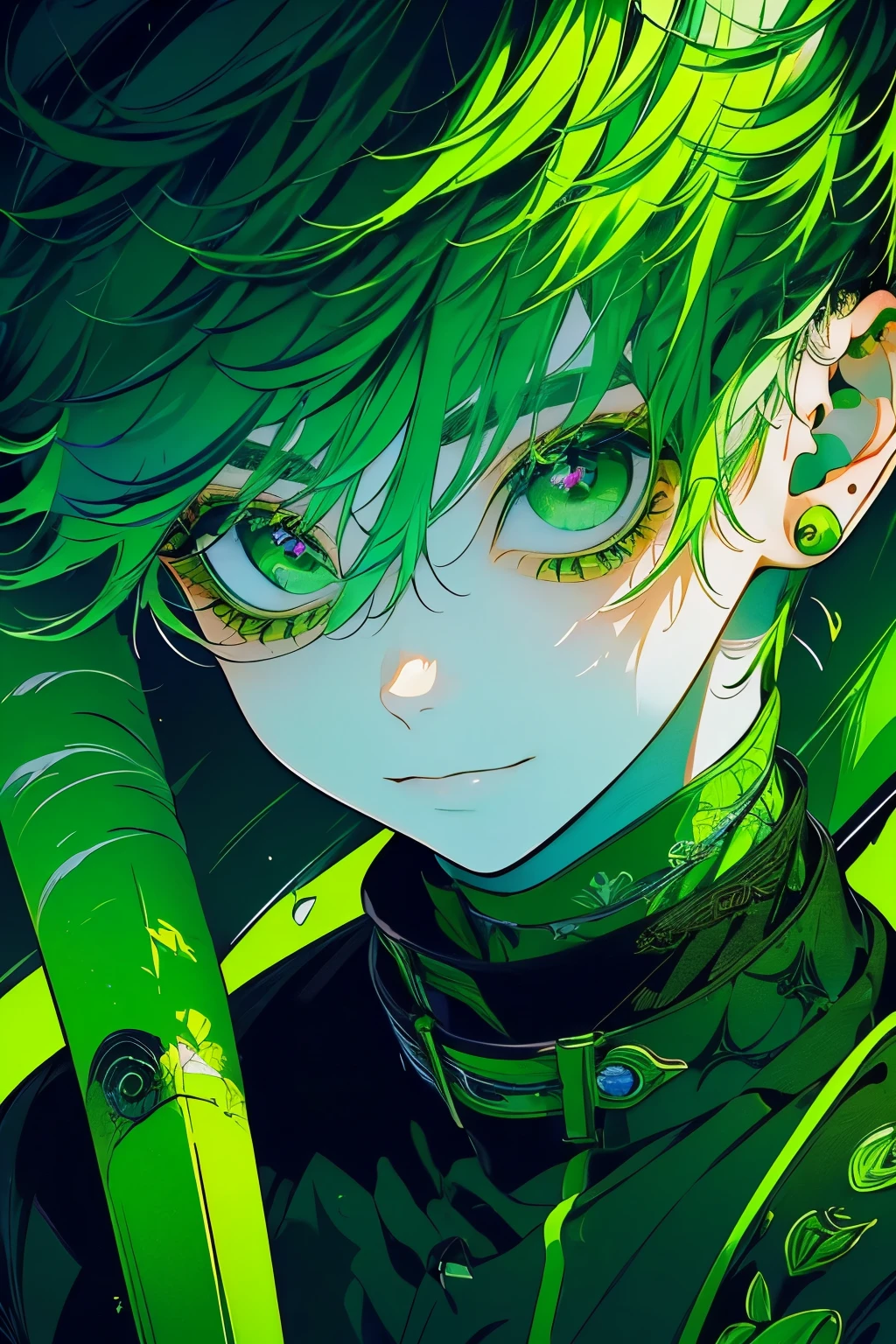 (Mastepiece), (Best Quality), Very detailed, 1 boy, Solo Shooting, Perfect Face, Beautiful Face, Very detailedな顔，(Green Hair:1.3)，(short hair:1.4)、(Big eyes:1.4)，(Long eyelashes:1.4)、(Green Eyes:1.3)、Black clothes、Lots of flowers、petal、(smile:1.4)