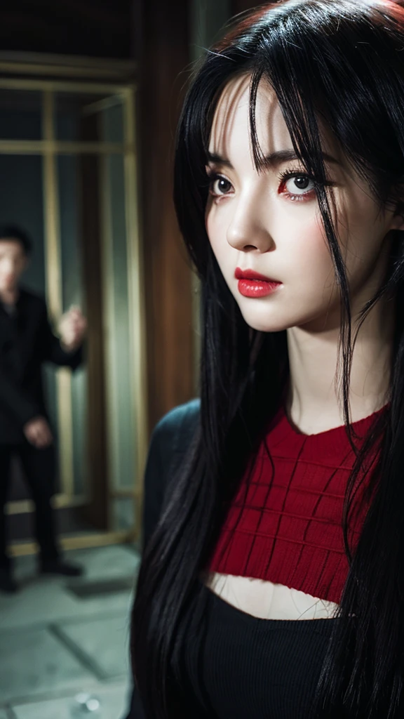 Black-haired girl with a red-haired man behind her, and the atmosphere is sinister