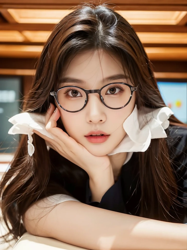 Bae joo Hyun is a young Korean woman in her 27s. Her hair is long in a dark color.
Her face is oval and marked by her large brown eyes, which carry a cold, unexpressive face. Her skin is radiant and clear, presenting an impeccable state of health and her curved lips.
Her height is medium, her body athletic and defined, with the most charming and provocative. It contrasts and matches their personalities.
She is in her office at the company in the night, wearing a pair of glasses with white shirt with loose tie while undoing her sitting