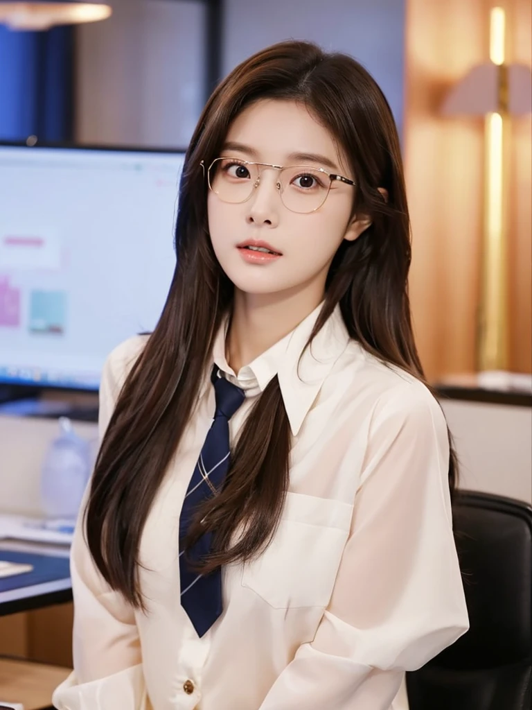 Bae joo Hyun is a young Korean woman in her 27s. Her hair is long in a dark color.
Her face is oval and marked by her large brown eyes, which carry a cold, unexpressive face. Her skin is radiant and clear, presenting an impeccable state of health and her curved lips.
Her height is medium, her body athletic and defined, with the most charming and provocative. It contrasts and matches their personalities.
She is in her office at the company in the night, wearing a pair of glasses with white shirt with loose tie while undoing her sitting