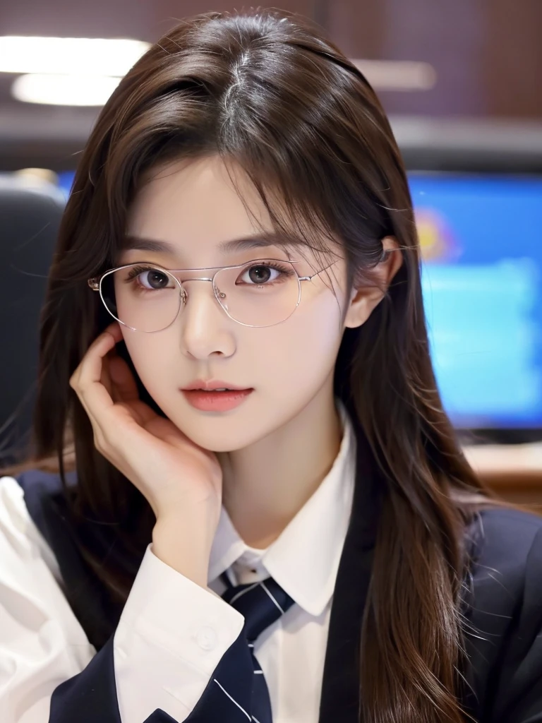 Bae joo Hyun is a young Korean woman in her 27s. Her hair is long in a dark color. 
Her face is oval and marked by her large brown eyes, which carry a cold, unexpressive face. Her skin is radiant and clear, presenting an impeccable state of health and her curved lips. 
Her height is medium, her body athletic and defined, with the most charming and provocative. It contrasts and matches their personalities. 
She is in her office at the company in the night, wearing a pair of glasses with white shirt with loose tie while undoing her sitting