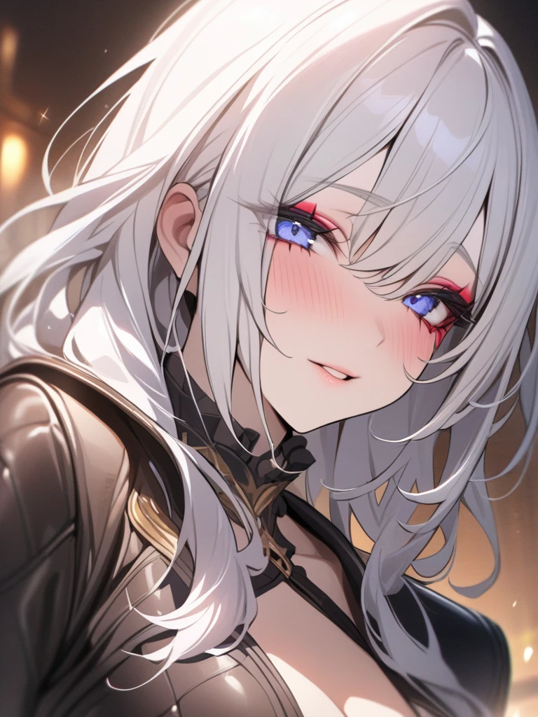(masterpiece, Best quality:1.2), 1 girl, Single, leather details, beautiful facial features, Exquisite makeup, exquisite eyes, Eye details, hair, flicker