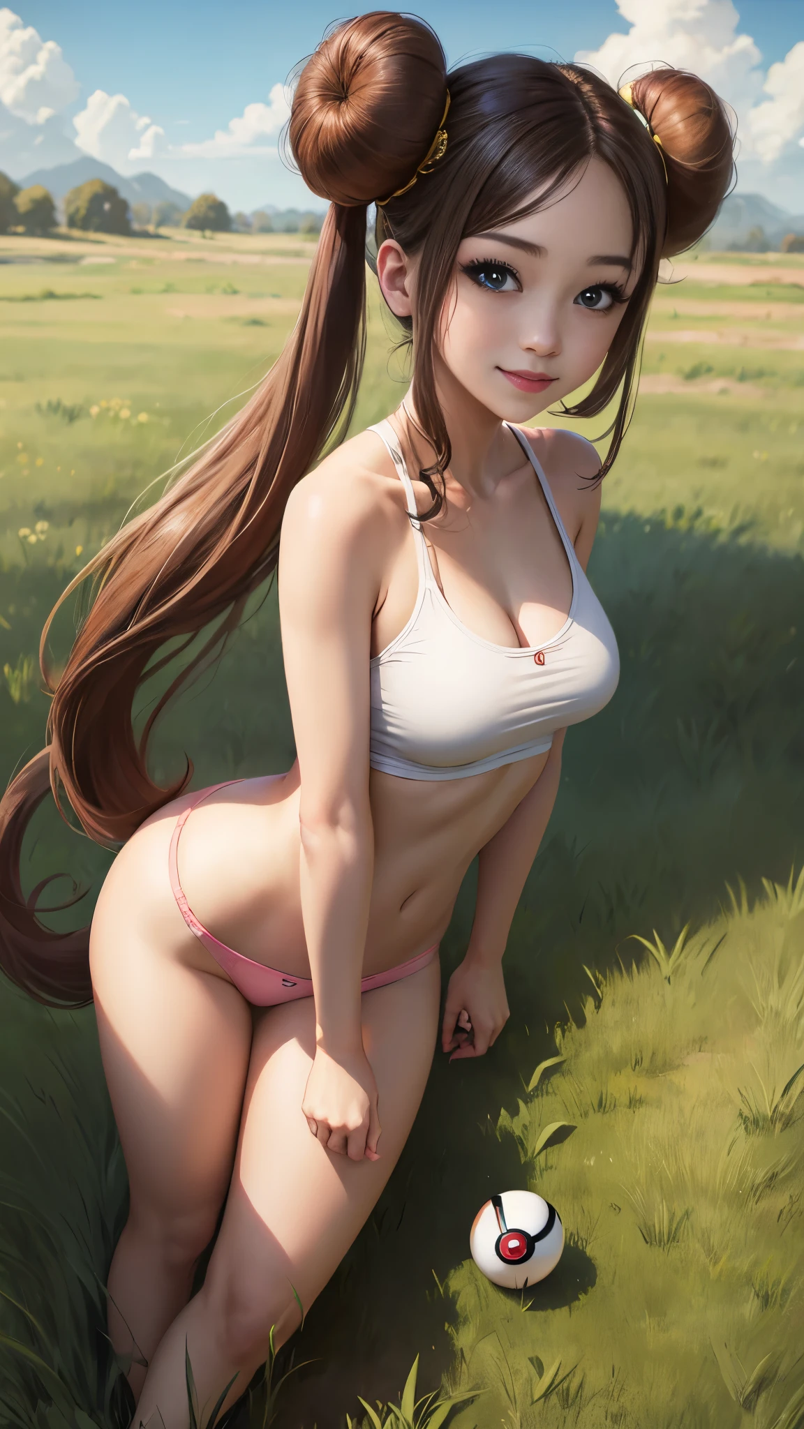 masterpiece, Best Quality, 超A high resolution, top-quality, Anime style, The best lighting, Beautiful face, ​masterpiece, Hi-Res, RO1, Hair buns, blue eyes, Twin-tailed, panthyhose, tightpanties, Pink ribbon, wrist watch,  Standing, cowboy shot, deph of field, pokeball \(basic\), A smile, (Grass background:1.5), pleasant sunny sky, 1 girl