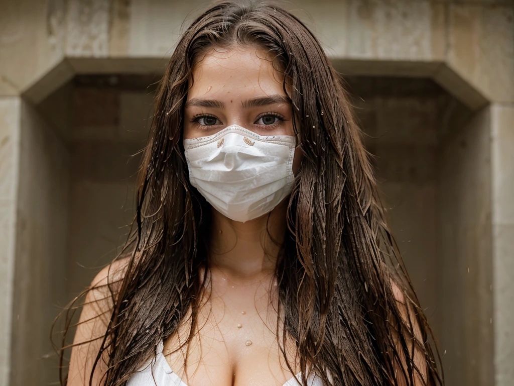 ((digital camara photo ))Masterpiece, Best Quality, super detailed, very beautiful 14 year old girl ,wavy brown hair long hair thick beautiful hair (all wet).Using a mask .He saw a sadomasochistic slit.