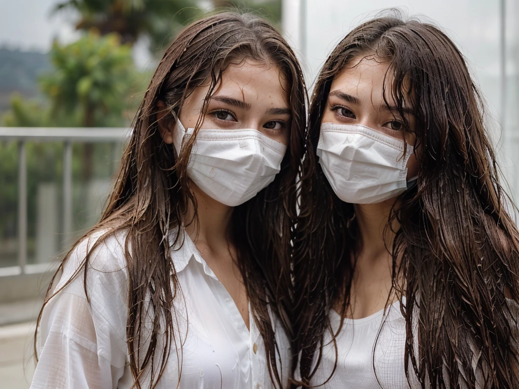 ((digital camara photo ))Masterpiece, Best Quality, super detailed, very beautiful 14 year old girl ,wavy brown hair long hair thick beautiful hair (all wet).Using a mask .He saw a sadomasochistic slit.