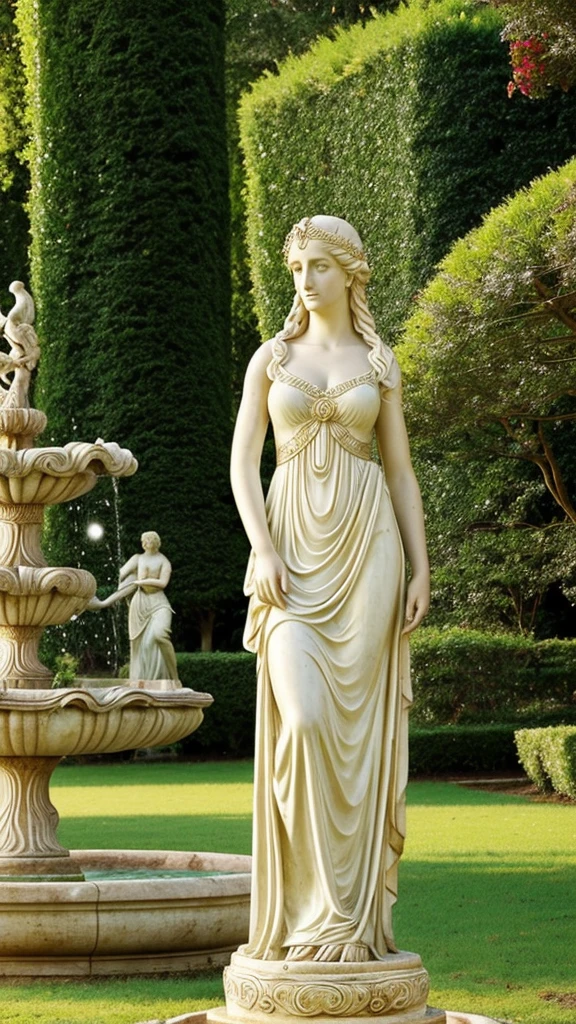 Depicts Weenas, the Roman goddess of love and beauty. She stands in an ancient Roman garden, wearing a beautiful white dress. Her golden hair flutters in the wind and she holds a red rose in her hand. In the background, a gorgeous fountain lined with sculptures and lush greenery enhances the beauty and elegance of Venus.