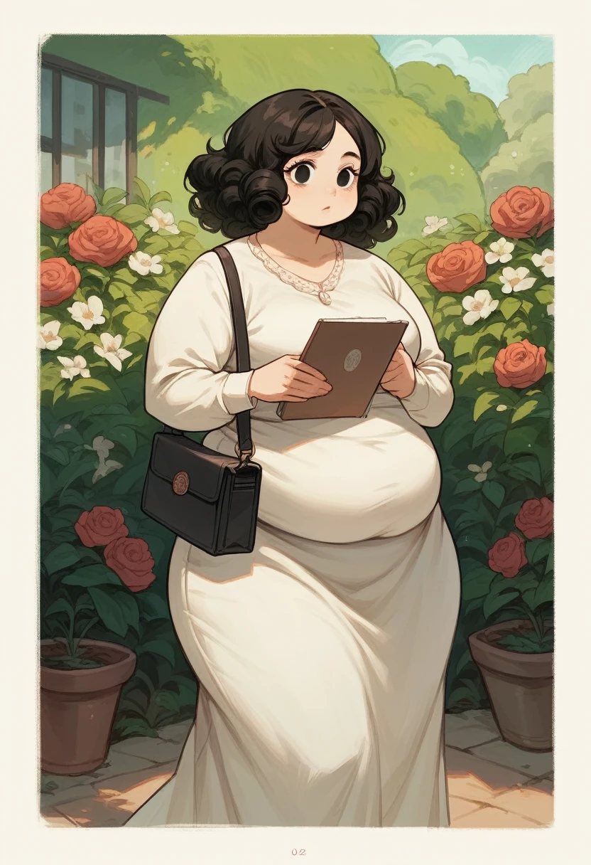 alone, 1 woman 40 years old, Brunetette, obese. Slim waist wide hips, black eyes, Round face, short black curly hair , wearing long gown, with side bag ,notebook in arms, garden background