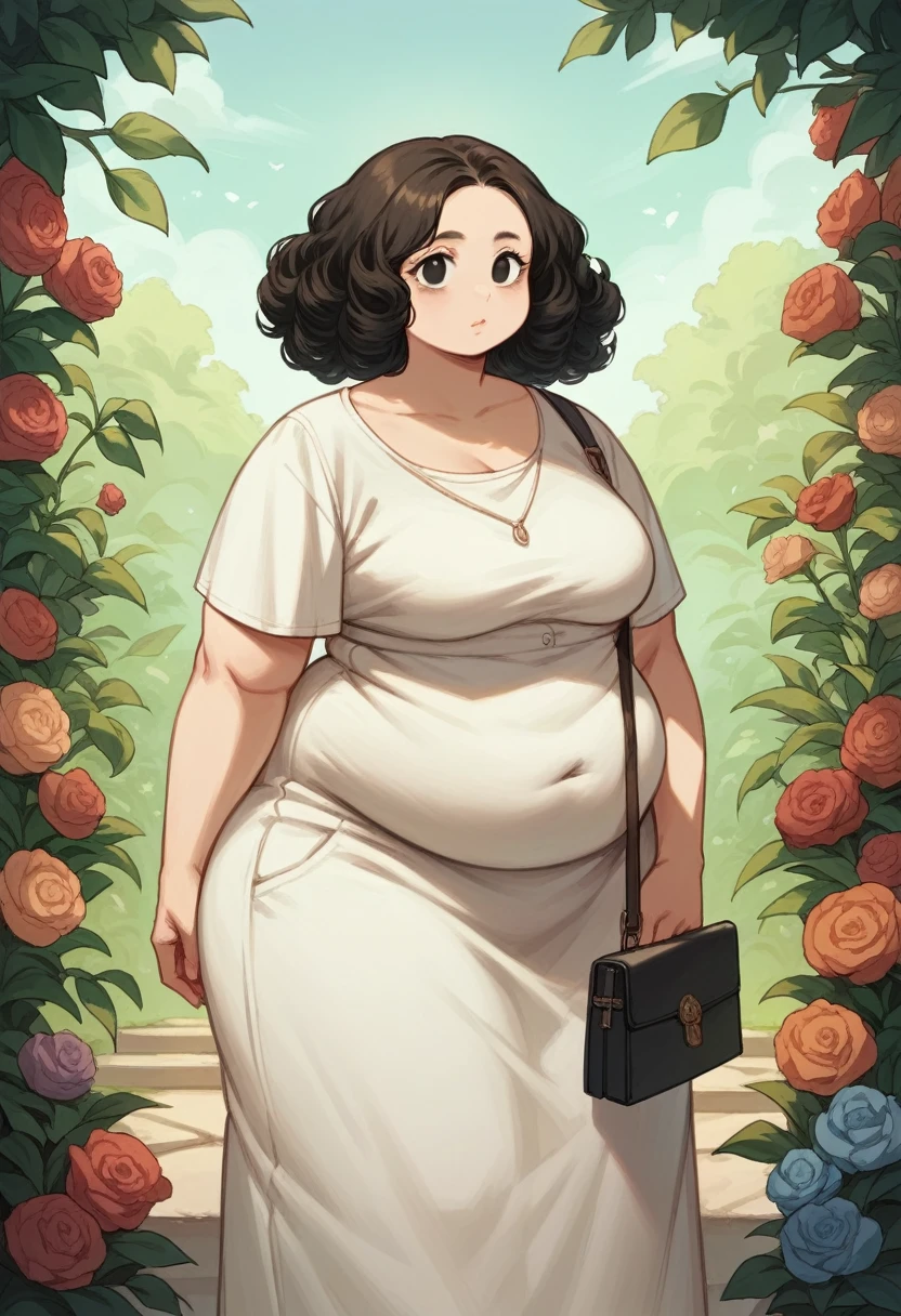 alone, 1 woman 40 years old, Brunetette, obese. Slim waist wide hips, black eyes, Round face, short black curly hair , wearing long gown, with side bag ,notebook in arms,  garden background