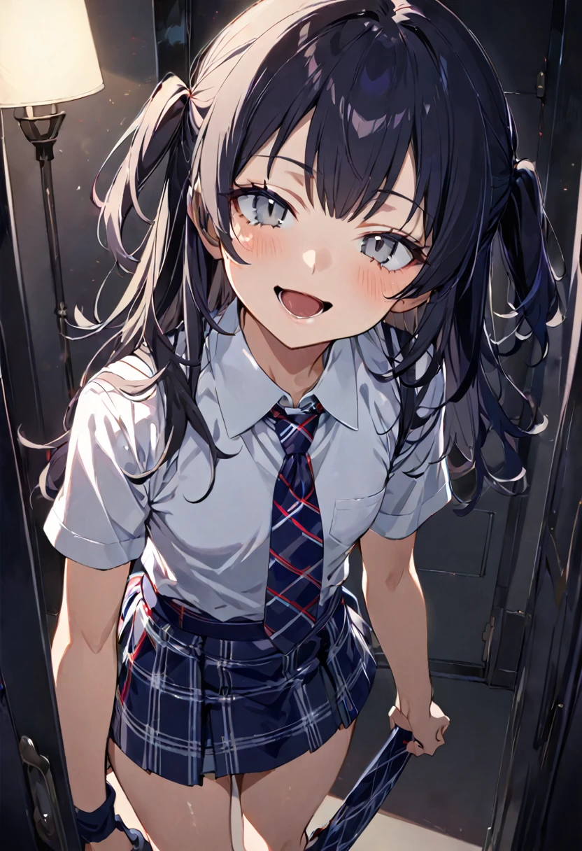 side view,eye-level shot,face focus,open mouth,tongue out,lick,(1girl,Beautiful 16 year old girl),((Slender,Small breasts,Baby Face,Small face,)),looking at viewer,Black Hair,bangs,two side up,Gray Eyes,Drooping eyes,slit pupils,narrow eyes,,uniform,shirt,Checked tie,Checked mini skirt,Navy blue socks,Beautiful and detailed anime art,Mischievous smile,Dimly lit room,Simple Background,Gray background,Low lighting