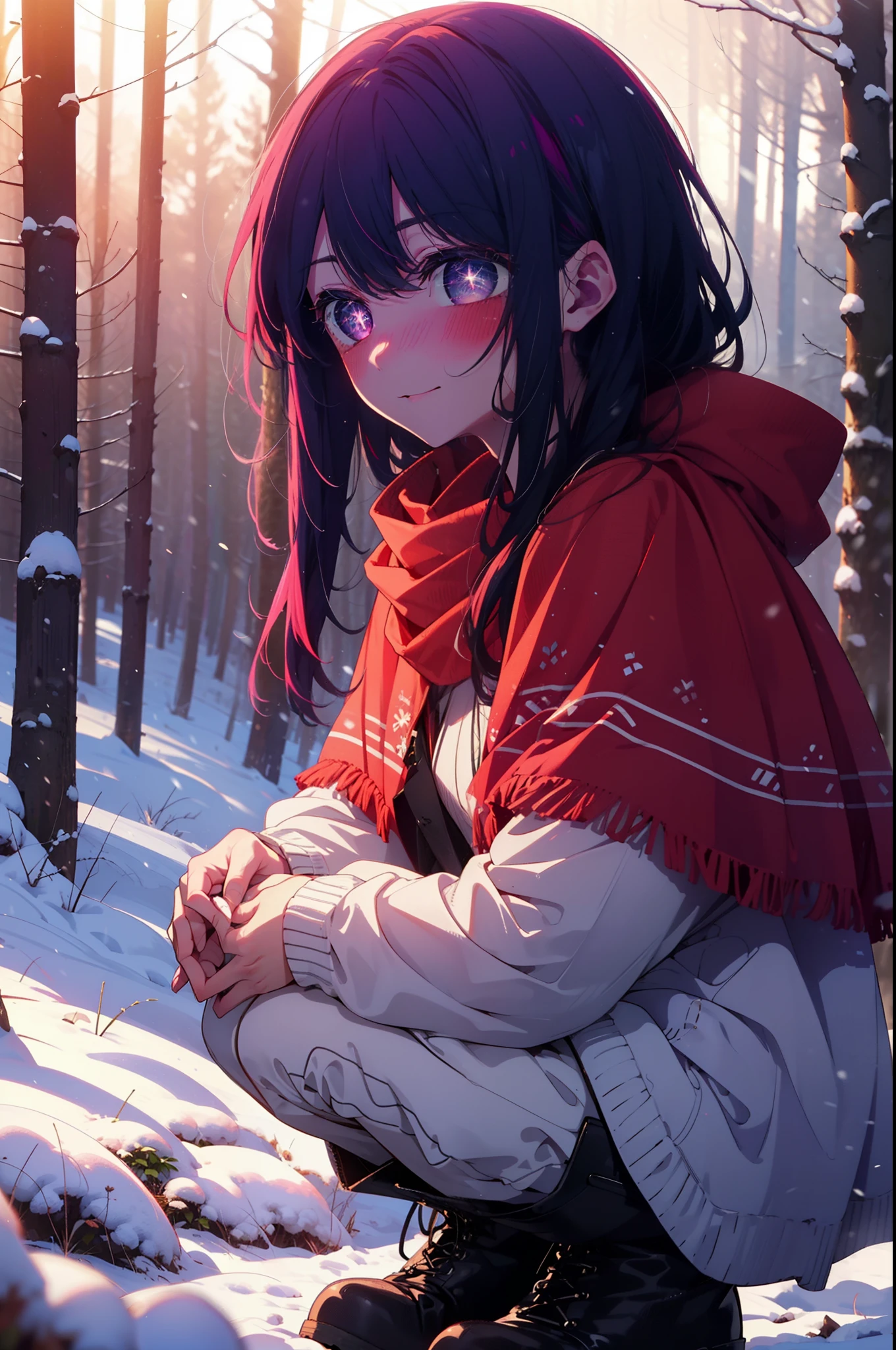 aihoshino, Ai Hoshino, Long Hair, bangs, (Purple eyes:1.1), Purple Hair, (Symbol-shaped pupil:1.5), smile,,smile,blush,White Breath,
Open your mouth,snow,Ground bonfire, Outdoor, boots, snowing, From the side, wood, suitcase, Cape, Blurred, , forest, White handbag, nature, Squat, Mouth closed, Cape, winter, Written boundary depth, Black shoes, red Cape break looking at viewer, Upper Body, whole body, break Outdoor, forest, nature, break (masterpiece:1.2), Highest quality, High resolution, unity 8k wallpaper, (shape:0.8), (Beautiful and beautiful eyes:1.6), Highly detailed face, Perfect lighting, Extremely detailed CG, (Perfect hands, Perfect Anatomy),