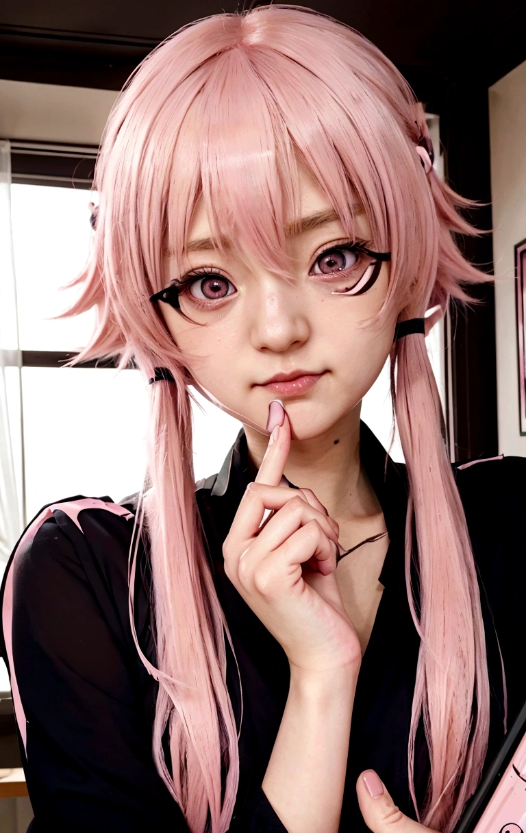 anime girl with pink hair and pink eyes holding a cell phone, gasai yuno, cute anime girl portraits, anime visual of a cute girl, extremely cute anime girl face, pink twintail hair and cyan eyes, megumu okada, detailed portrait of anime girl, mirai nikki, fine details. girls frontline, from girls frontline, seductive anime girl