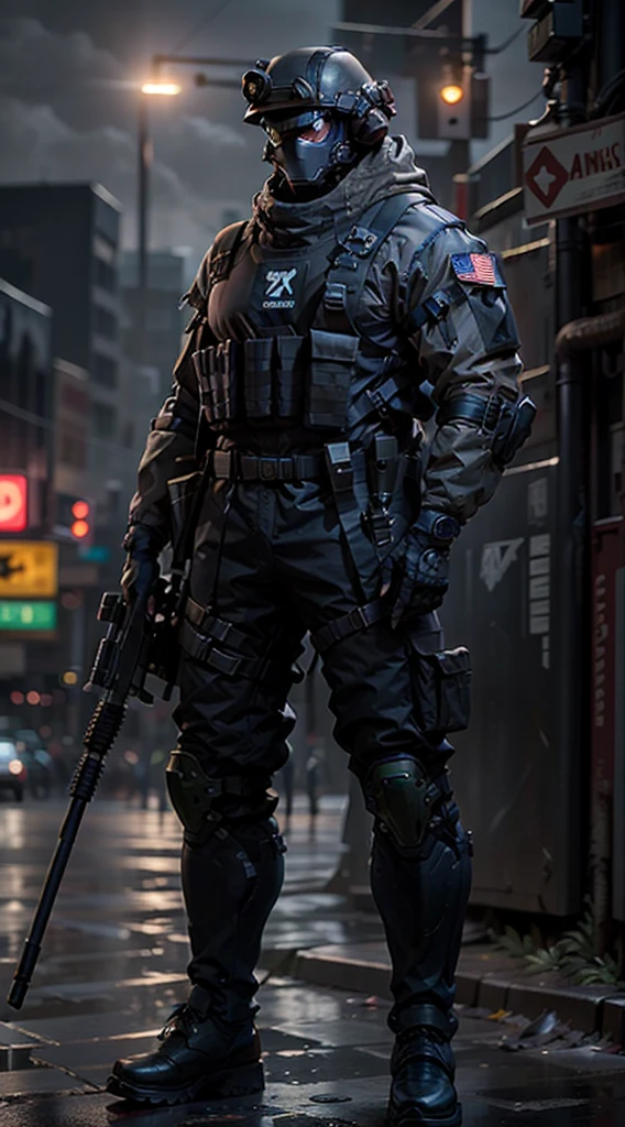 1man, a futuristic-looking male military commander with a fantastic ((square cyberhelmet head with blue lights)), wearing a pair of ((iron grey gloves)) and ((black military boots)), dressed in ((grey FROG suit)), standing in cyberpunk city, holding weapon, holding gun, rifle, handgun, assault rifle, wearing epTactical, face focus, UHD, anatomically correct, best quality, masterpiece, full body panel