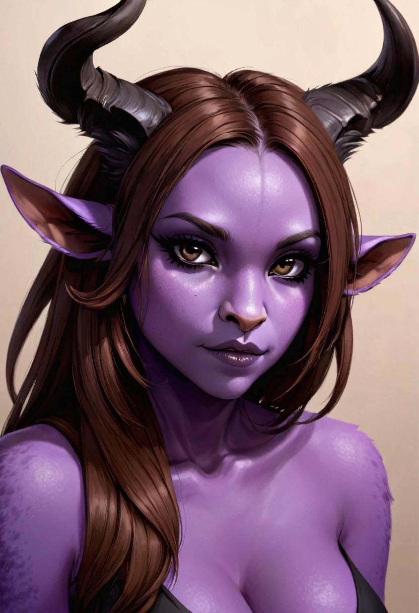 Satyr, female, purple skin, black fur, brown hair, black eyes, straight horns,