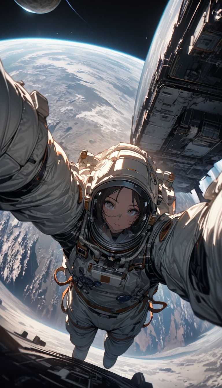 Ultra-wide angle viewing angle，Satellite view，woman，Astronauts suspended in space，lunar backdrop， Stereoscopic perspective, masterpiece, Facial details, very good, 16k resolution, high quality, light, High Detail, Dynamic perspective, detailed, Epic imagery，Shocking scene